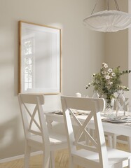 Frame interior, mockup frame, poster wood one frame in empty picture interior dining table cozy home room in illustration 3d rendering © Thossaphon