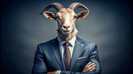 Fototapeta premium A Goat, In Human Form, Clad In A Sharp Businessman'S Suit, Exudes Unexpected Fashion With His Ram-Like Horns, A Testament To Unconventional Style.