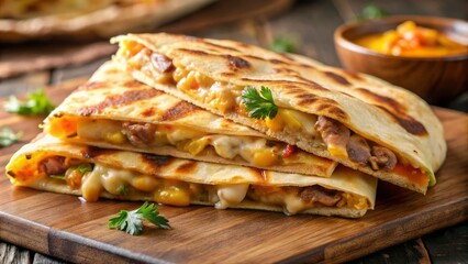 A Warm, Golden Quesadilla Filled With Savory Pork And Oozing With Melted Cheese, A Delicious And Satisfying Treat.