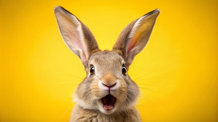 Obraz premium Lustiger Hase Mit Staunendem Offenem Mund Auf Gelbem Hintergrund