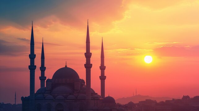 Sunset silhouette of a mosque with minarets in the misty distance, vibrant sky with warm hues and gradient background, serene evening scene
