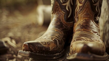 A pair of wellworn cowboy boots with personalized initials and patterns a reminder of the unique character and personal touches that cowboys and cowgirls added to their footwear.
