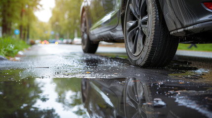 modern car tire in water puddle on road