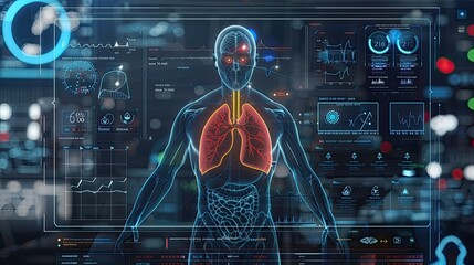 Futuristic digital interface with data and technology elements