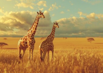 Fototapeta premium Giraffe Mother and Calf in grassland africa savannah. Giraffe family wallpaper in natural habitat