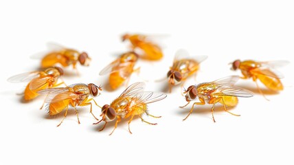 fruit flies on white background, photo realistic, macro photography in the style of macro stock photography ultra high details, no shadow