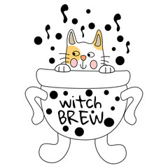 cute cat witch brew, Halloween pets. Boo