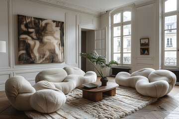 Elegant Parisian interior design with minimalist principles, featuring velvet upholstery and intricate details, creating a serene and clutter-free living space that emphasizes simplicity and sophistic