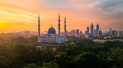 Naklejka premium Aerial view of a city with a large building and clock tower. Perfect for urban landscape posters or travel brochures.