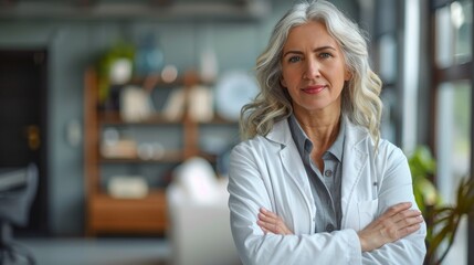 Confident Senior Female Doctor Displaying Leadership in Medicine with Arms Crossed