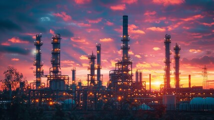 Fototapeta premium Industrial Beauty: Oil and Gas Refinery Plant at Sunset with Stunning Sky Backdrop
