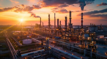 Industrial Sunset: Oil and Gas Refinery Plant Against a Vivid Sky Background