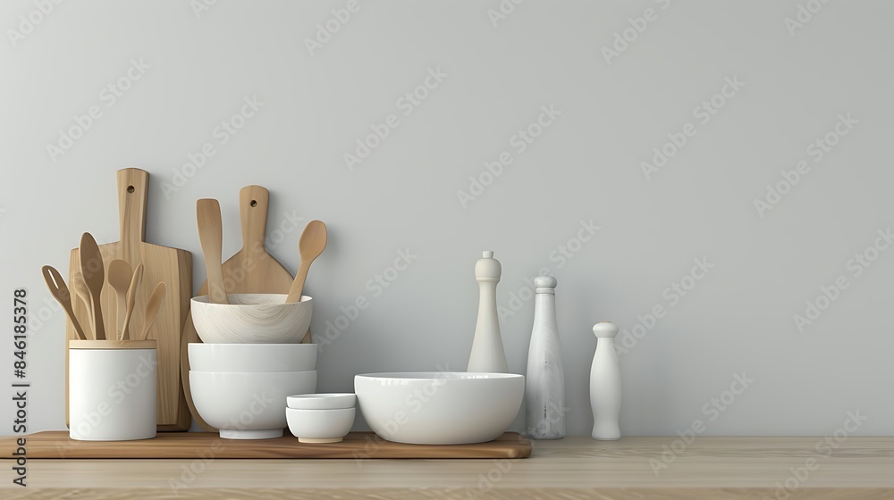 Wall mural Realistic portrayal of kitchen white tableware and wooden utensils on a table, illustrating an eco-friendly kitchen concept with minimalism in Scandinavian style, captured in high-definition - Wall murals