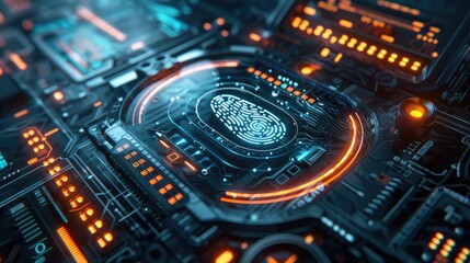 A futuristic interface with a fingerprint scanner and digital padlock, highlighting cyber security measures for protecting personal information.