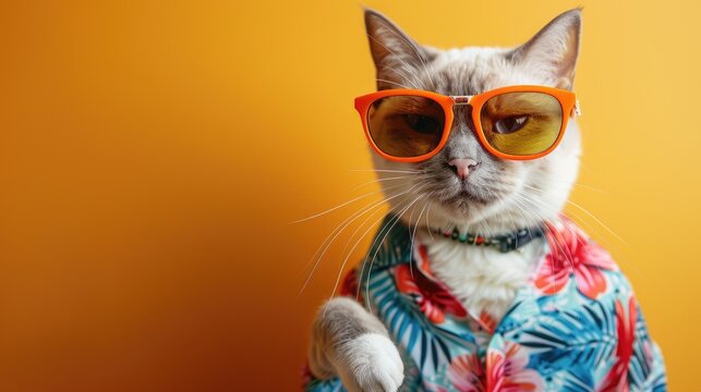 Whiskers on Fleek, Stylish Cat in Oversized Sunglasses and Florals in Pop Art Style