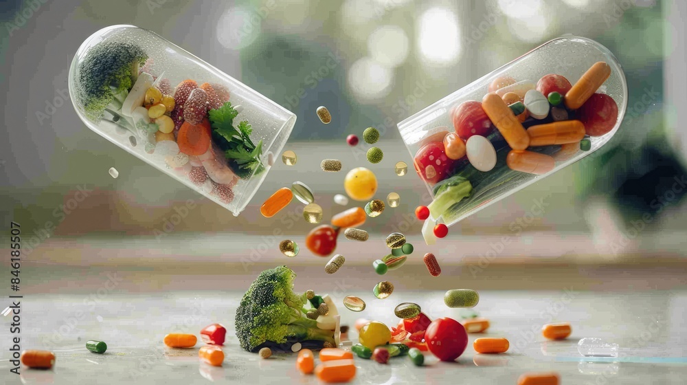 Wall mural An open pill with fresh vegetables and fruits spilling out, Vitamins derived from natural and healthy food sources