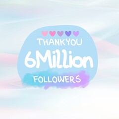 6 million Followers thank you post design with soft pastel colors and  colorful hearts on sky blue background with pink shades