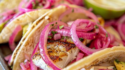 A laidback beach vibe and mouthwatering fish tacos featuring grilled tilapia pickled red onions and creamy avocado.