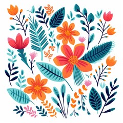 White Background Jungle Foliage and Cartoon Flowers Vector