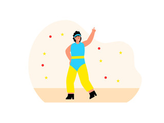 Happy woman is dancing. 80's vector illustration