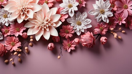 top view of beautiful flowers on pink background for valentine banner or poster