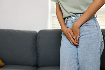 Young Woman Having Painful Hands Holding Pressing Crotch Lower Abdomen. Woman Health Concept