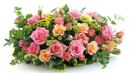Beautiful celebratory arrangement of pink roses and charming peach roses with a green and yellow edge