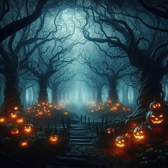A dark, misty forest with eerie, twisted trees, a glowing pumpkin patch
