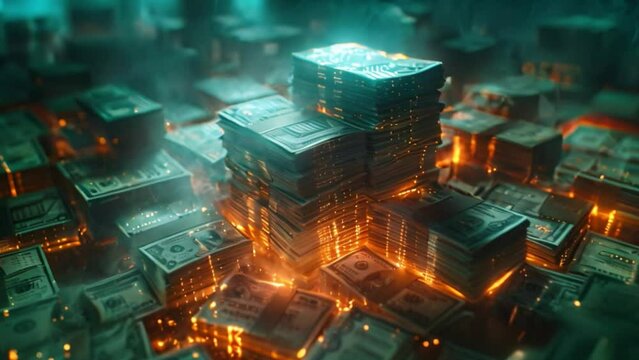 A close-up image of many stacks of cash with smoke and glowing lights around them.