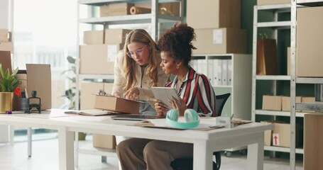 Startup, inventory and women with boxes, tablet and teamwork with online order, ecommerce or logistics. People, small business or partnership with tech, inspection or quality control with cooperation
