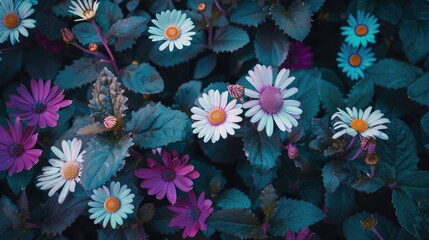 Daisies with purple and white colors and green leaves