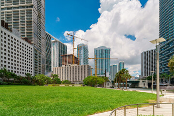 Obraz premium Promenada Miami River. Riverwalk Trail. Brickell Florida USA. Green grassy field