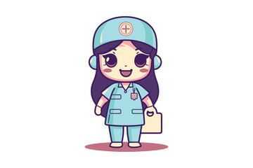 cute nurse with first aid kit cartoon vector sublimation mascot logo design