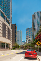 Photo view down Brickell Bay Drive Summer 2024 with blue skies