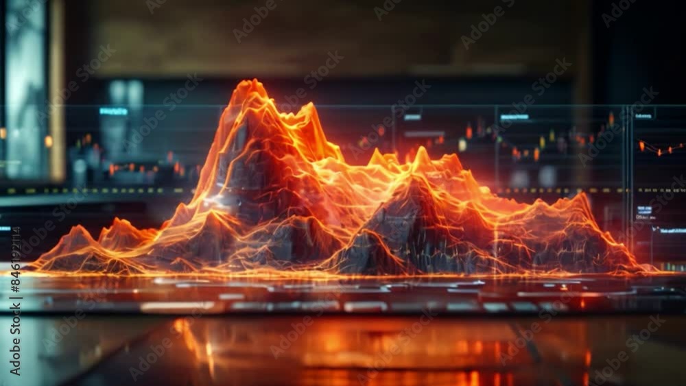 Poster a glowing digital mountain range visualization sits on a desk in front of a computer screen displayi