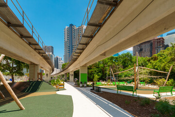 Miami Underline 2024. Scenic pedestrian pathway under the metrorail tram. Florida, USA