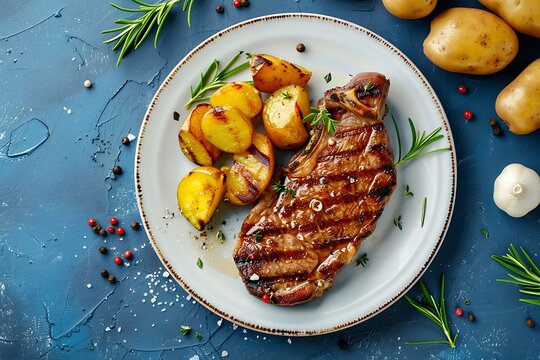 top view of pork steak with potatoes on a plate on a blue concrete background 