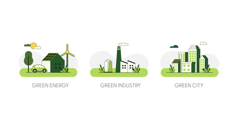 Fototapeta premium Green Energy, Green Industry, Green city. Concept of Sustainable Green ecology, environment and alternative renewable energy. Flat Vector Illustration.