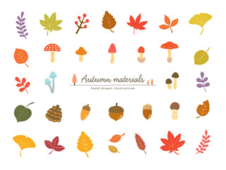 秋の植物、きのこの手描きイラストセット