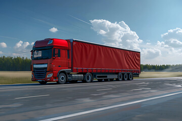 Trailer truck on road on beautiful landscape