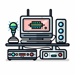 Modern home audio and recording setup featuring a computer, microphone, and high-quality audio equipment.