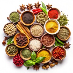 Exquisite Collection of Spices and Herbs Arranged Stylishly on a White Background