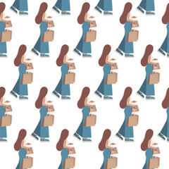 Young woman in comfortable urban clothes with eco package Seamless pattern. Promo background concept