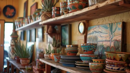 Obraz premium Handcrafted pottery and westerninspired artwork displayed on the walls.