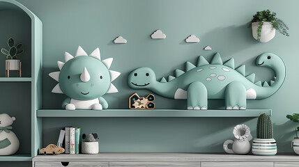 Supebe photo de décoration de chambre d'enfant avec des étagères en forme de dinosaure de...