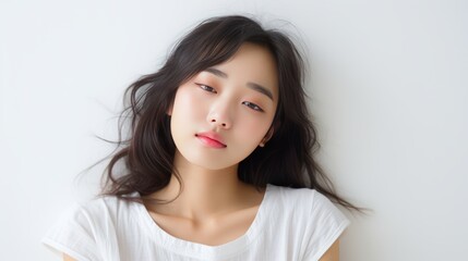 Fototapeta premium sleep problem, Worried Asian young woman with dark circles under her eyes