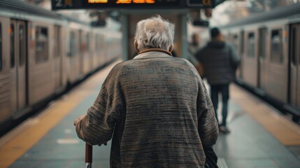An elderly man leaning heavily on a cane stands facing away from the camera as waits for the train. wears a faded sweater and . .