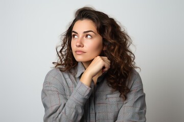 Obraz premium Pensive young plump woman thinking in casual attire iover white background 