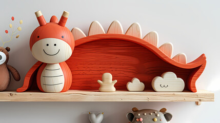 Supebe photo de décoration de chambre d'enfant avec des étagères en forme de dinosaure de couleurs
