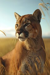 Obraz premium puma stalks its prey from behind the bushes. cougar head wallpaper